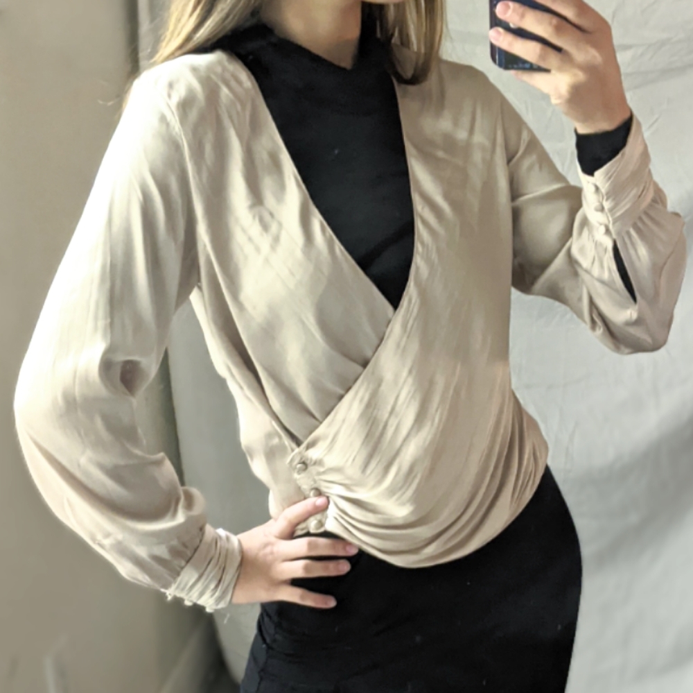 H&M silk wrap draped vintage champagne blouse